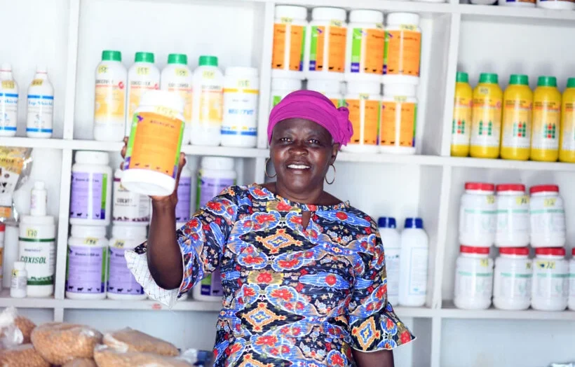 An agrovet seller retailing veterinary medicines in Tanzania.